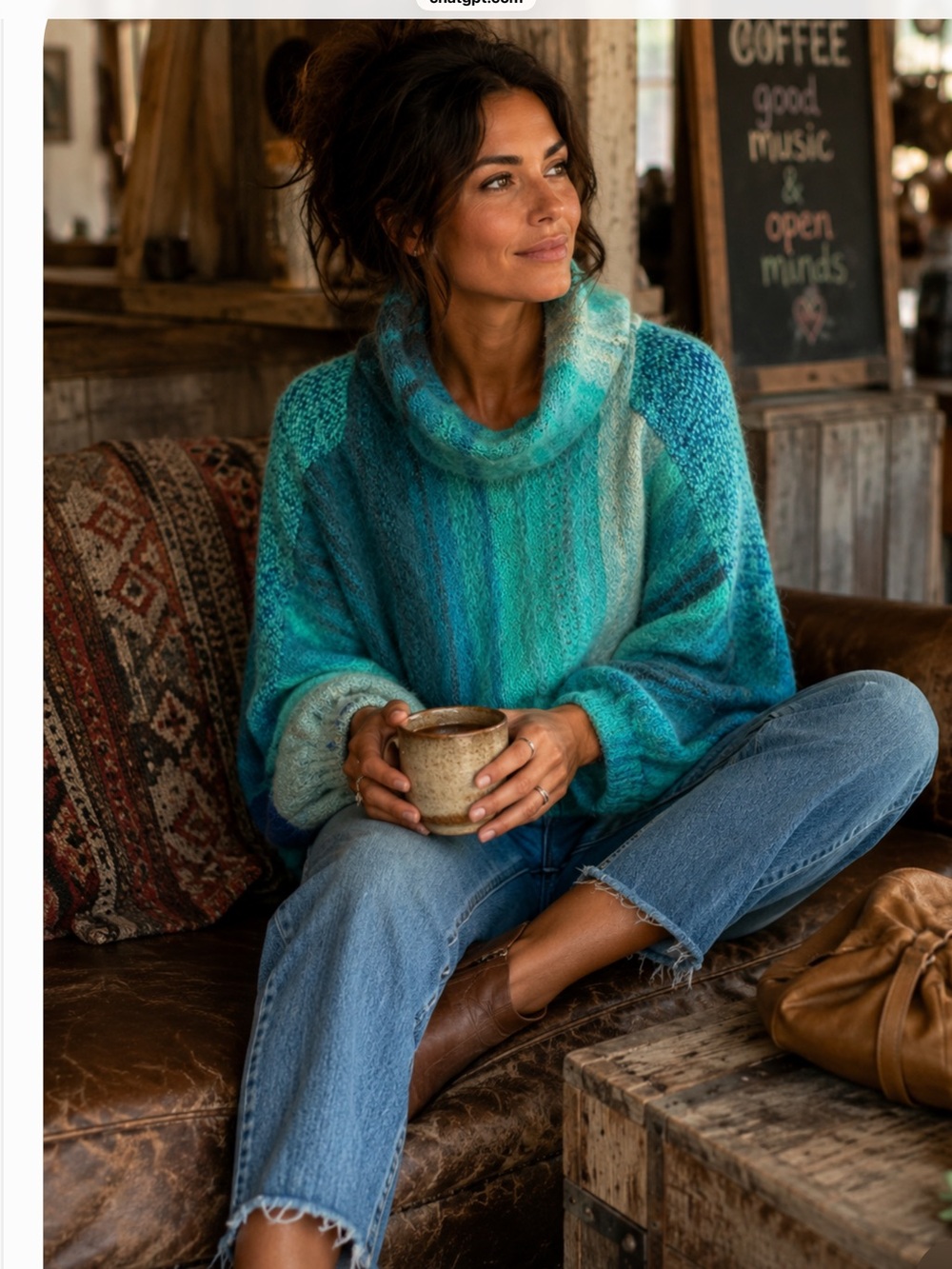 Free People Teal & Aqua Striped Cowl Neck Sweater, 17” long, size XS/S, $50